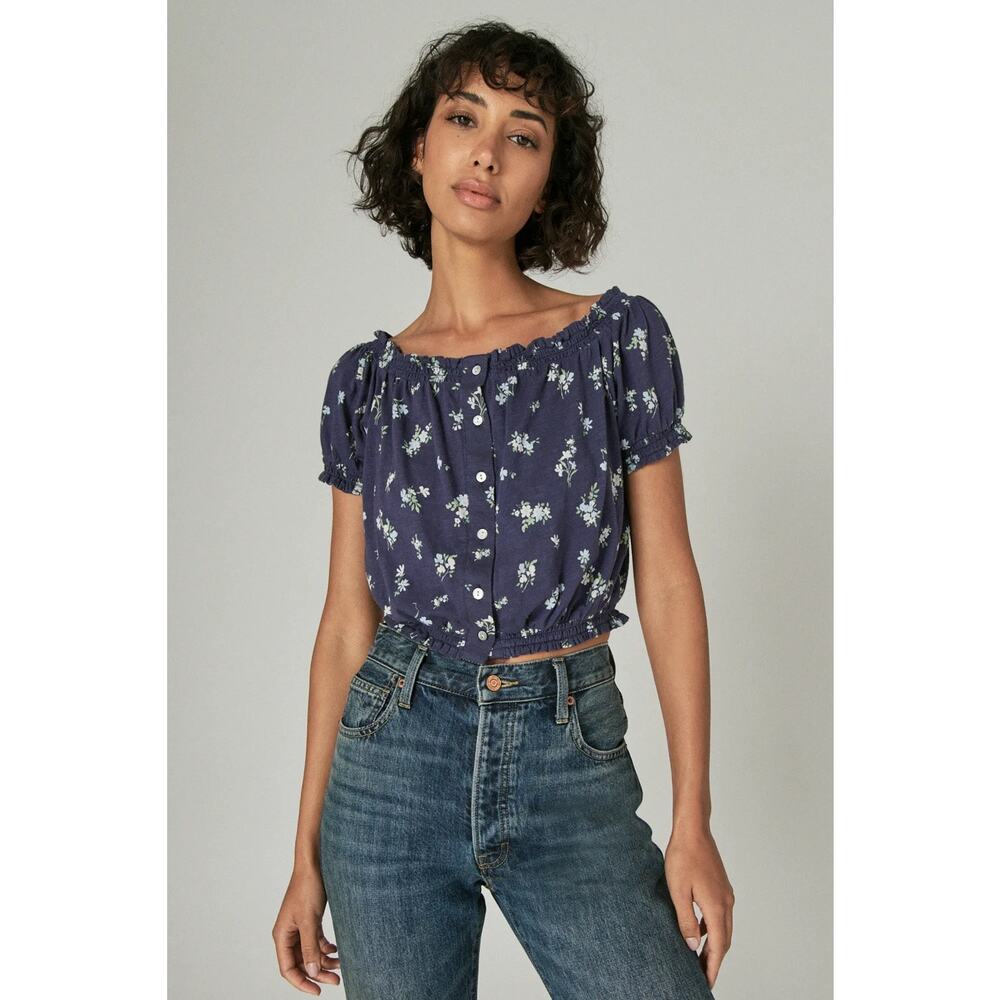 Lucky Brand Feminine Bubble Hem With Buttons Blouse Top navy blue floral print - Picture 2 of 11